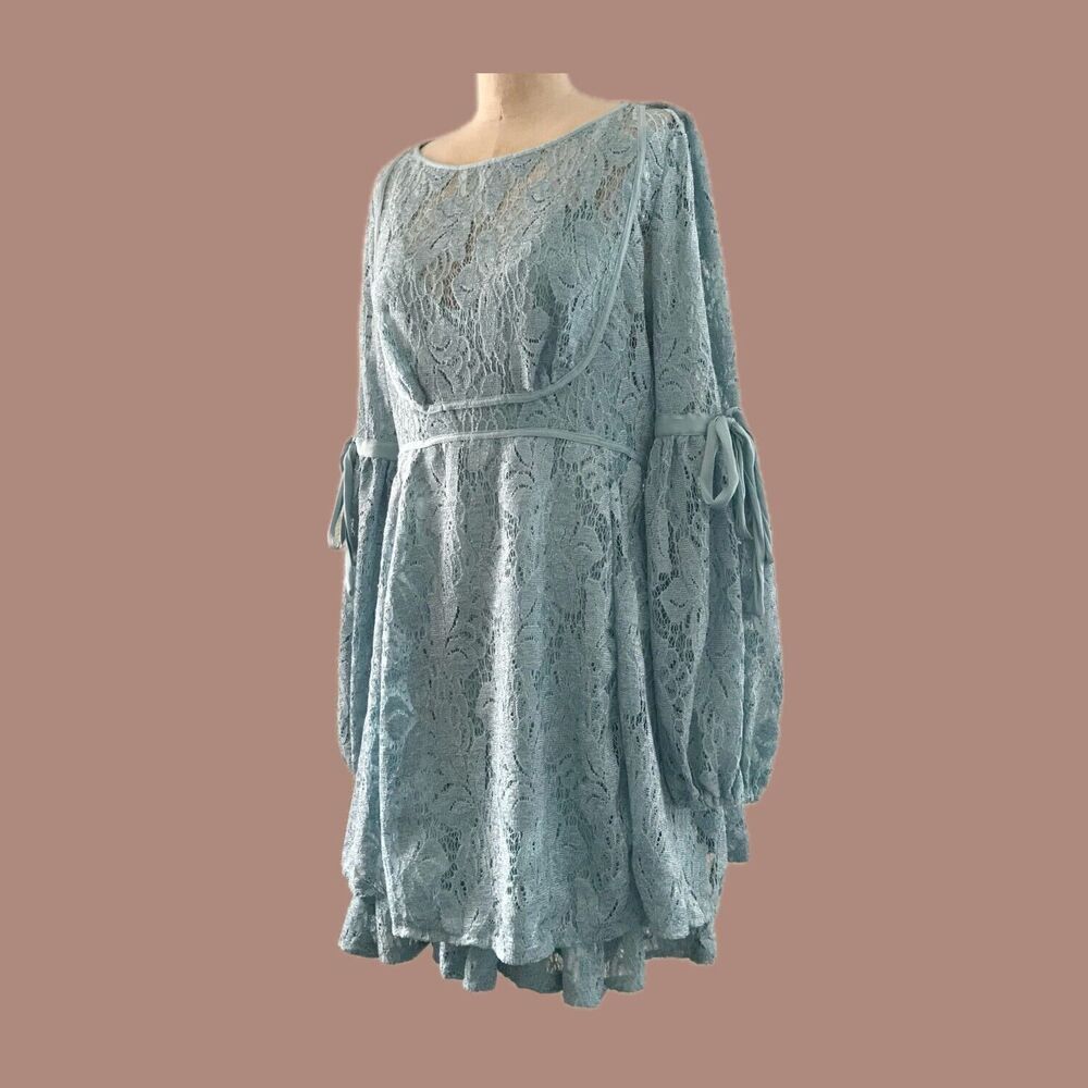 Free People Turquoise Blue Lace Long Bubble Sleeve Summer Mini Dress - S